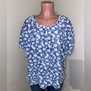 Ann Taylor Top Blouse Blue Appliqué Embroidered Size XL